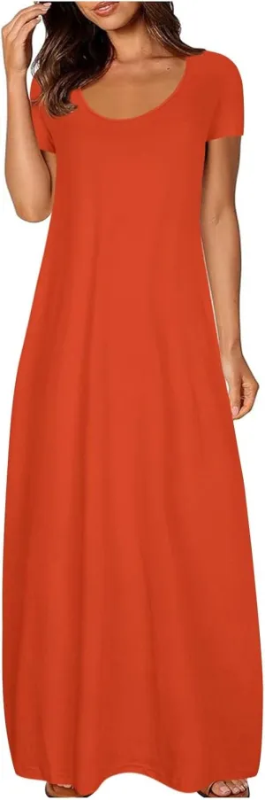 Plus Size Dresses for Curvy Women Loose Fit Round Neck Summer Beach Dresses Casual Flowy Maxi Tshirt Sundresses