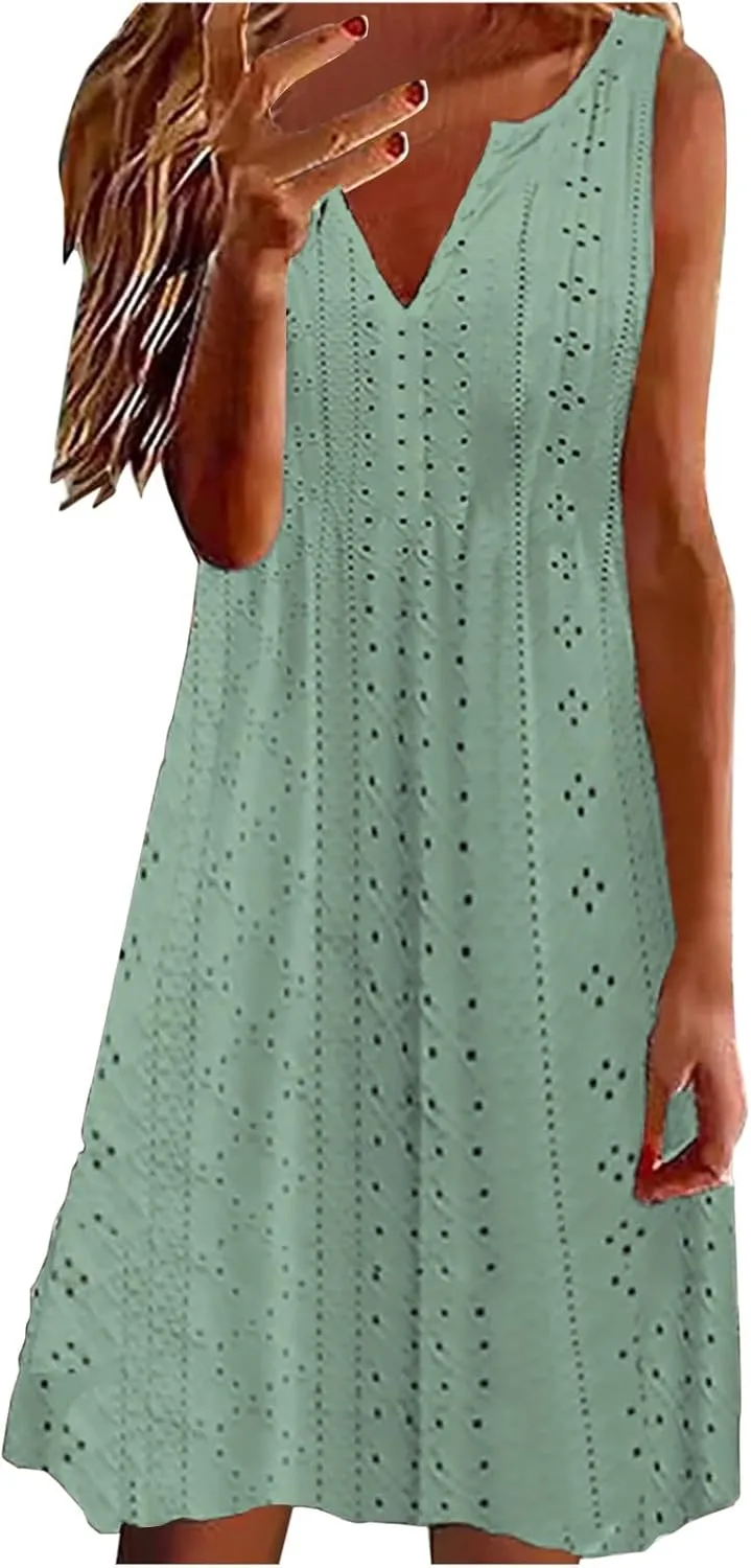 Plus Size Eyelet Dresses for Women Casual Loose Fit Summer Sleeveless v Neck Pleated Flowy Summer Midi Dress