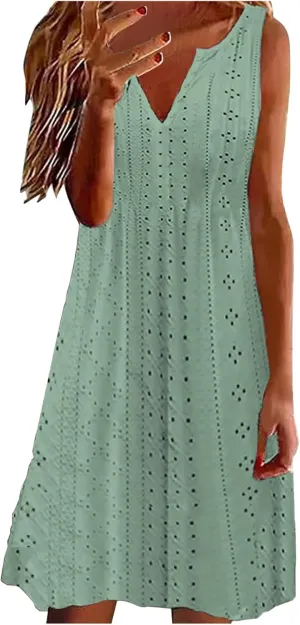 Plus Size Eyelet Dresses for Women Casual Loose Fit Summer Sleeveless v Neck Pleated Flowy Summer Midi Dress