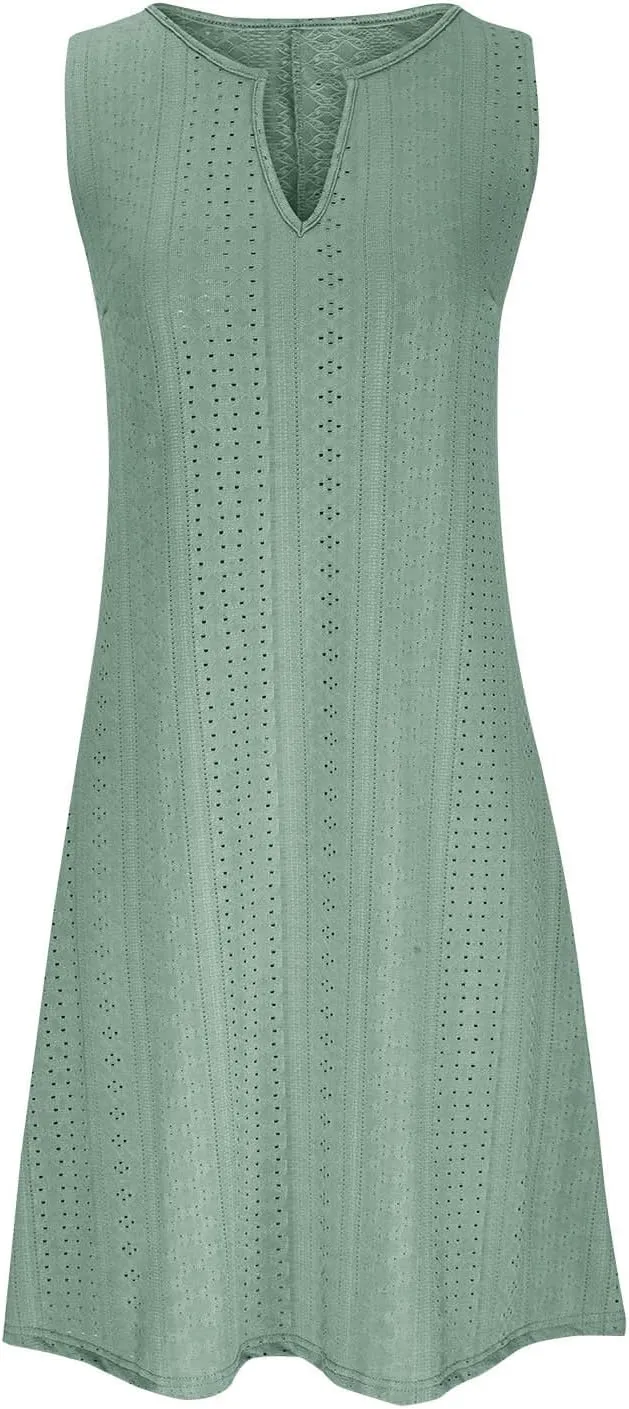 Plus Size Eyelet Dresses for Women Casual Loose Fit Summer Sleeveless v Neck Pleated Flowy Summer Midi Dress