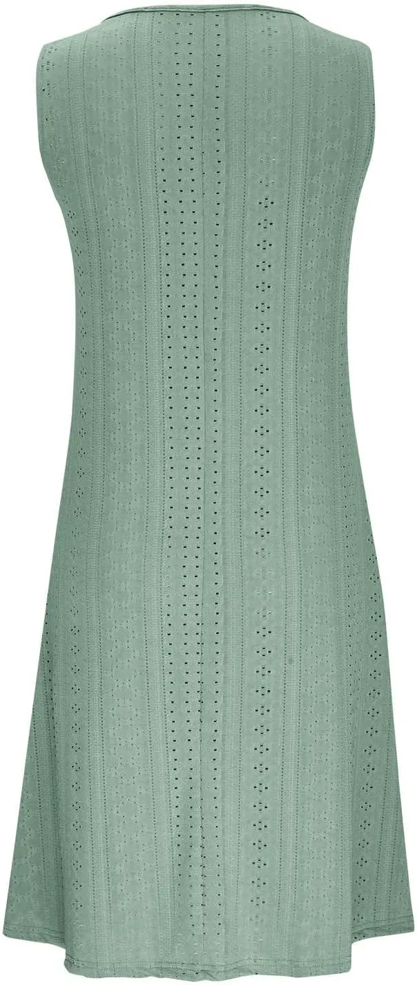 Plus Size Eyelet Dresses for Women Casual Loose Fit Summer Sleeveless v Neck Pleated Flowy Summer Midi Dress