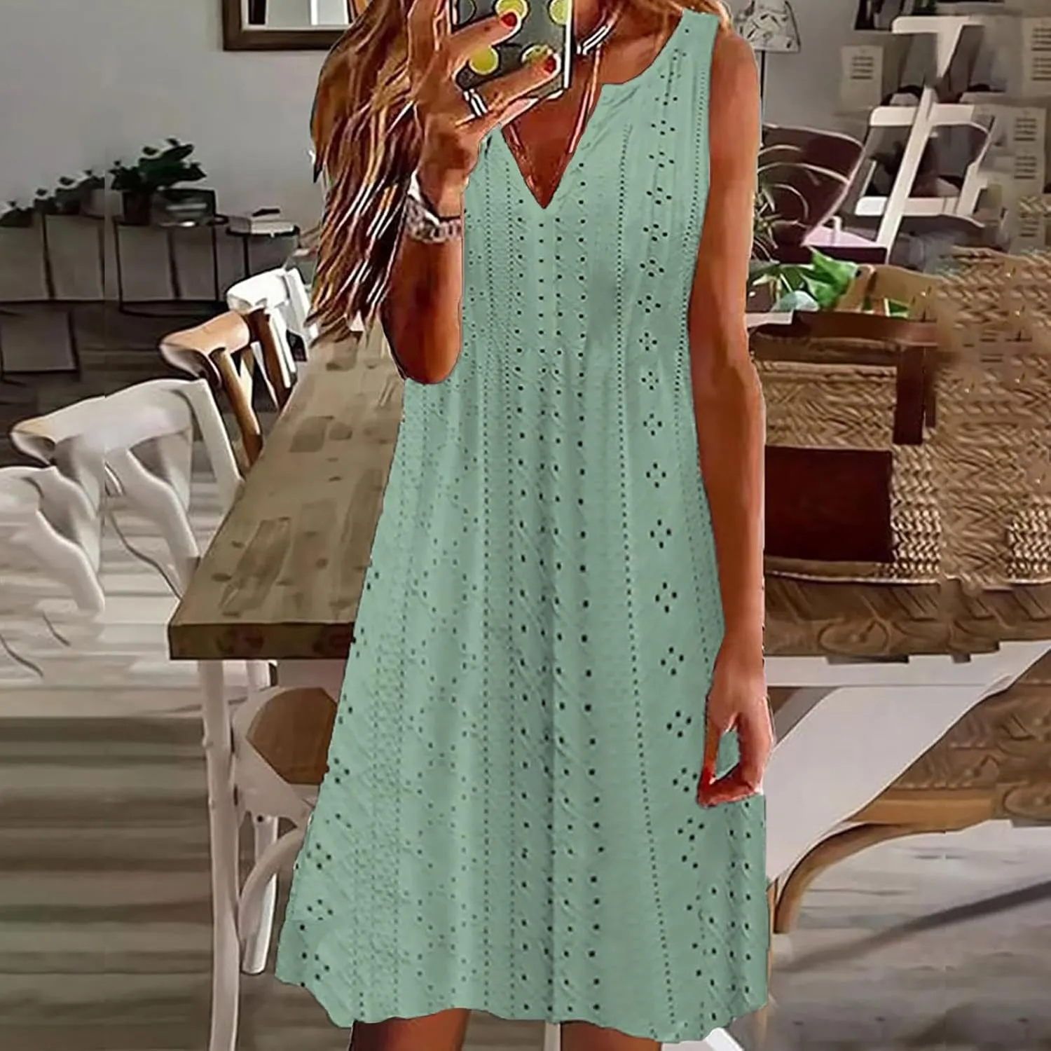 Plus Size Eyelet Dresses for Women Casual Loose Fit Summer Sleeveless v Neck Pleated Flowy Summer Midi Dress