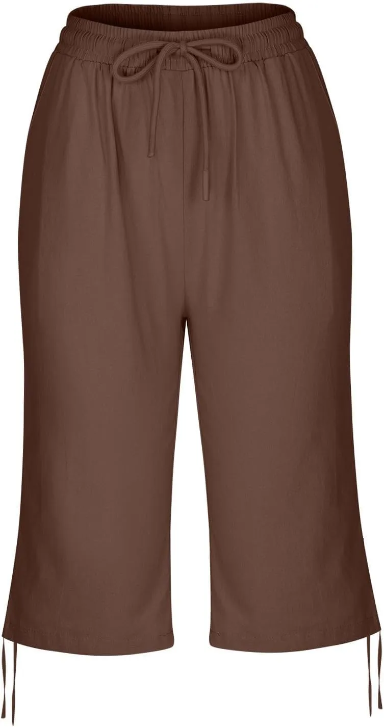 Plus Size Linen Capris for Women High Waist Drawstring Comfy Casual Pants Lightweight Loose Trousers with Pockets