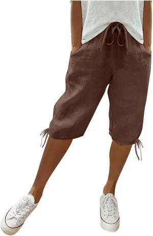 Plus Size Linen Capris for Women High Waist Drawstring Comfy Casual Pants Lightweight Loose Trousers with Pockets