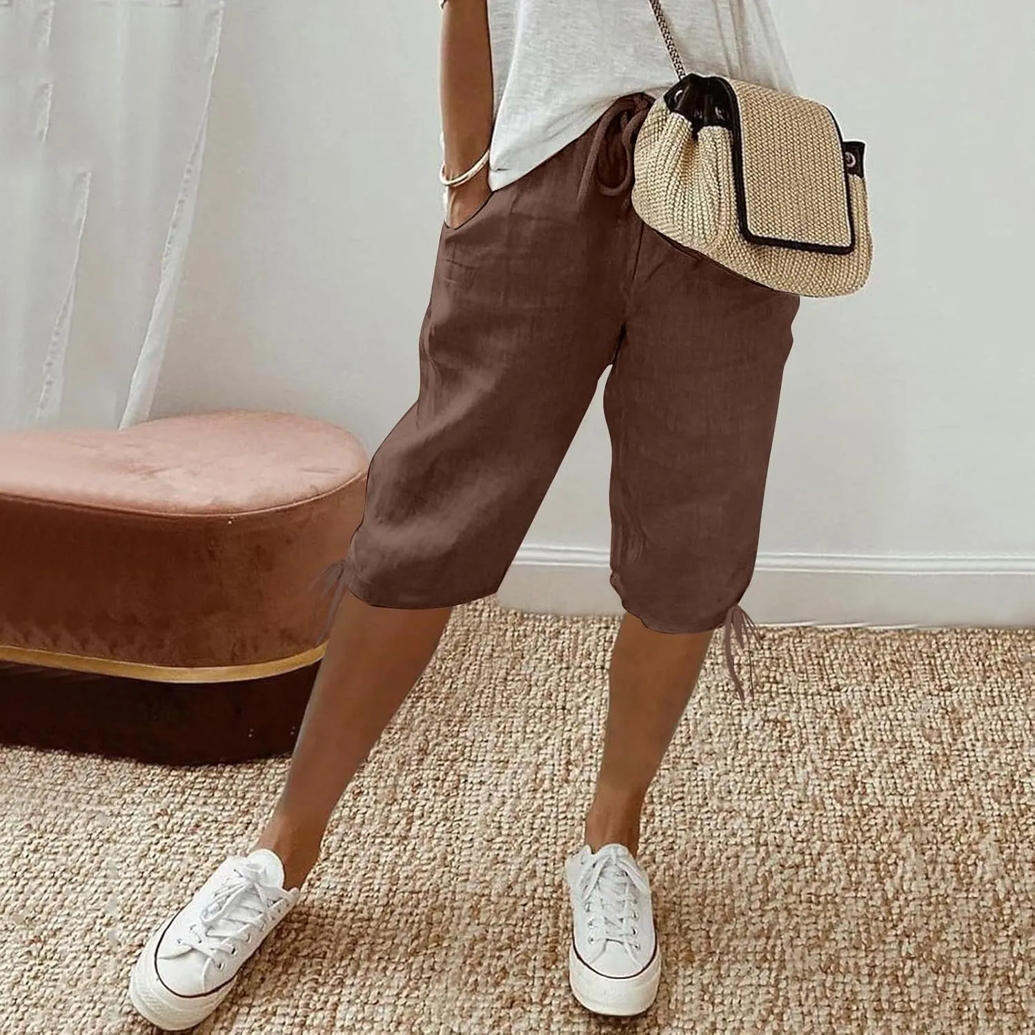 Plus Size Linen Capris for Women High Waist Drawstring Comfy Casual Pants Lightweight Loose Trousers with Pockets