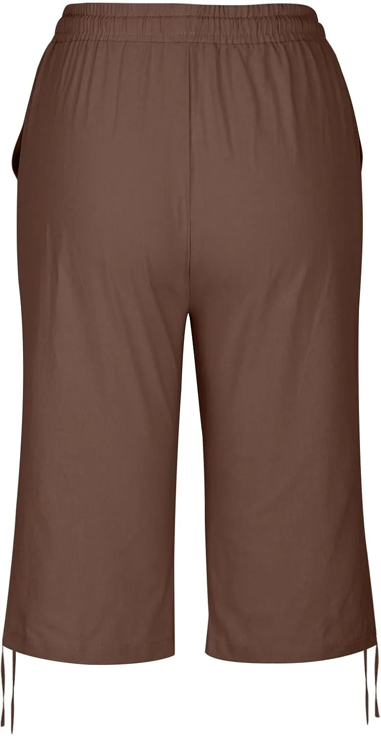 Plus Size Linen Capris for Women High Waist Drawstring Comfy Casual Pants Lightweight Loose Trousers with Pockets