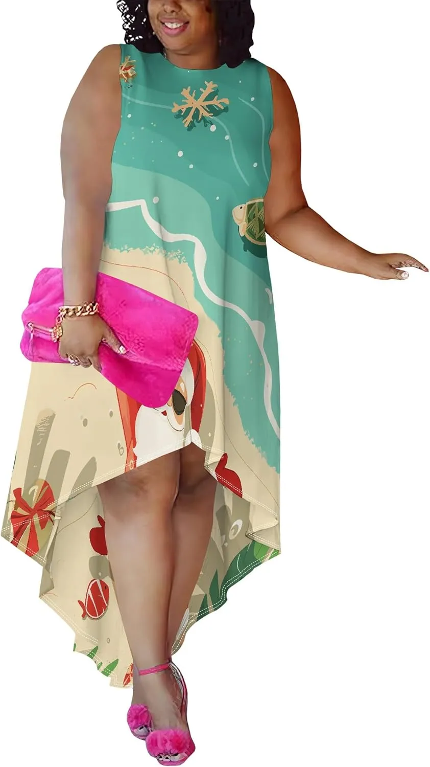 Plus Size Midi Dress for Women Casual Sleeveless Sundress High Low Asymmetrical Hem Tank Dresses Beach Vacation Dress
