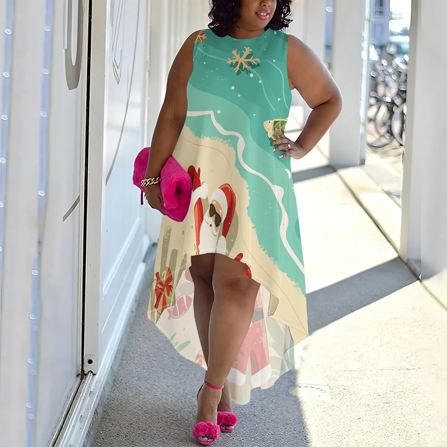 Plus Size Midi Dress for Women Casual Sleeveless Sundress High Low Asymmetrical Hem Tank Dresses Beach Vacation Dress