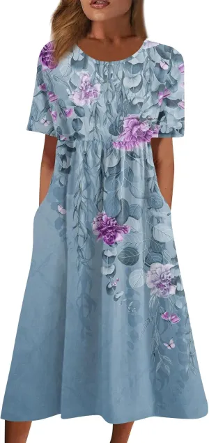 Plus Size Summer Dresses Casual Midi Dress Trendy Short Sleeve Smocked Flowy Elegant Floral Vintage Party Dress