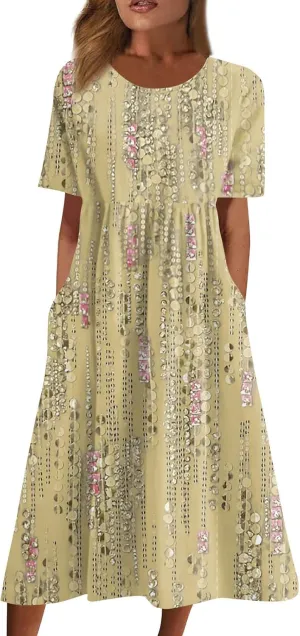 Plus Size Summer Dresses Casual Midi Dress Trendy Short Sleeve Smocked Flowy Elegant Floral Vintage Party Dress
