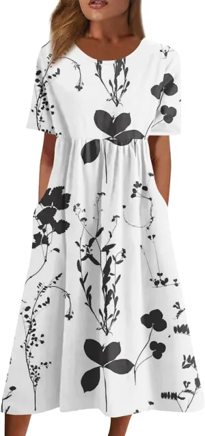 Plus Size Summer Dresses Casual Midi Dress Trendy Short Sleeve Smocked Flowy Elegant Floral Vintage Party Dress