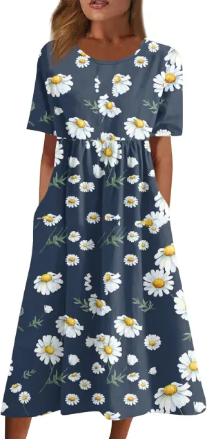 Plus Size Summer Dresses Casual Midi Dress Trendy Short Sleeve Smocked Flowy Elegant Floral Vintage Party Dress