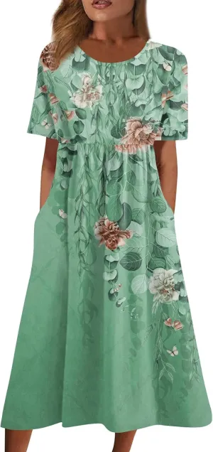 Plus Size Summer Dresses Casual Midi Dress Trendy Short Sleeve Smocked Flowy Elegant Floral Vintage Party Dress