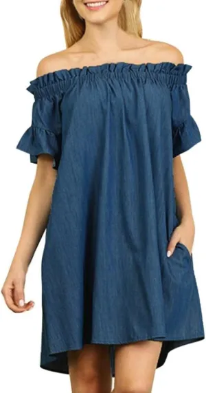 Plus Size Women Off Shoulder Bardot Denim Loose Short Shirt Dress Top