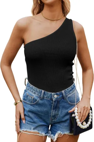 Poetsky Womens One Shoulder Tank Tops Summer Sleeveless Ribbed Knit Shirts Slim Fitted Tee Blouses