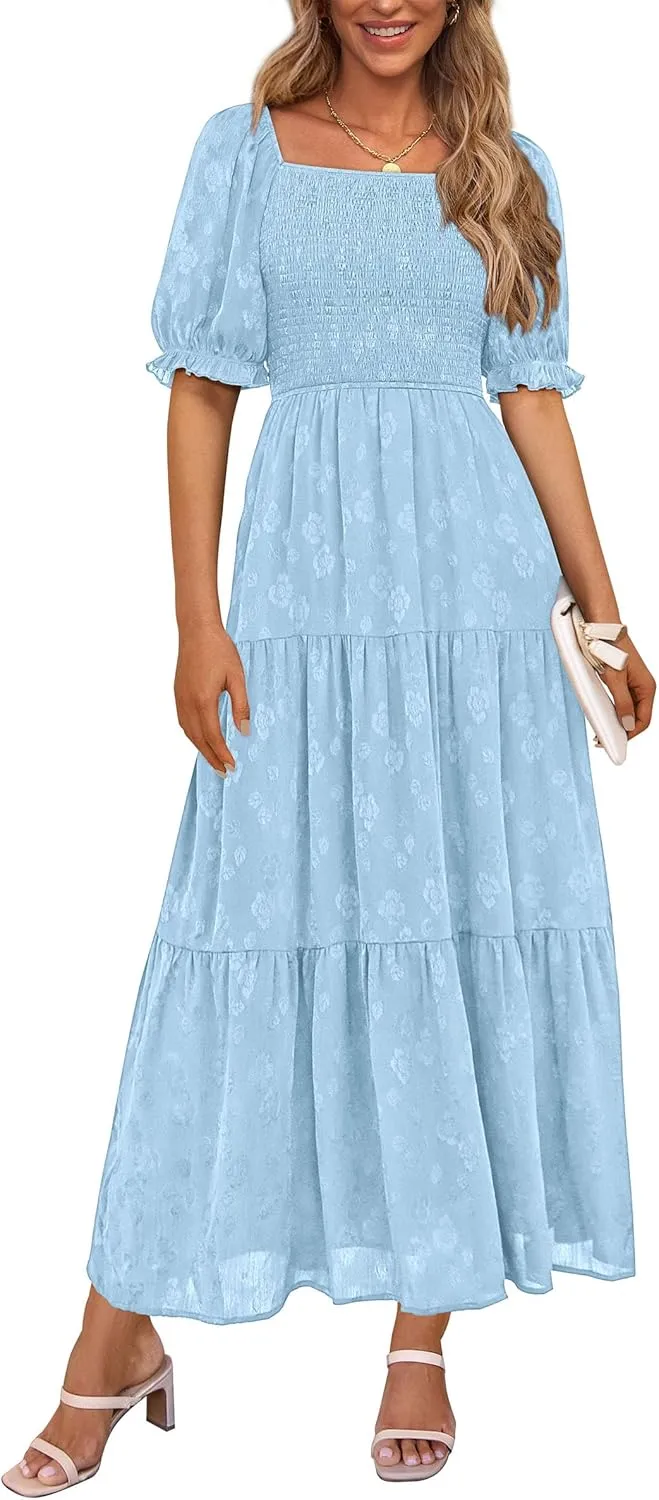 PRETTYGARDEN Women's 2025 Summer Casual Midi Dresses Square Neck Short Sleeve Smocked A Line Floral Flowy Elegant Boho Dress