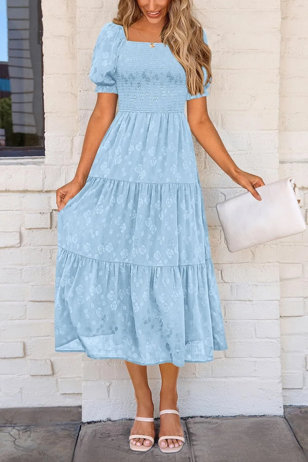 PRETTYGARDEN Women's 2025 Summer Casual Midi Dresses Square Neck Short Sleeve Smocked A Line Floral Flowy Elegant Boho Dress