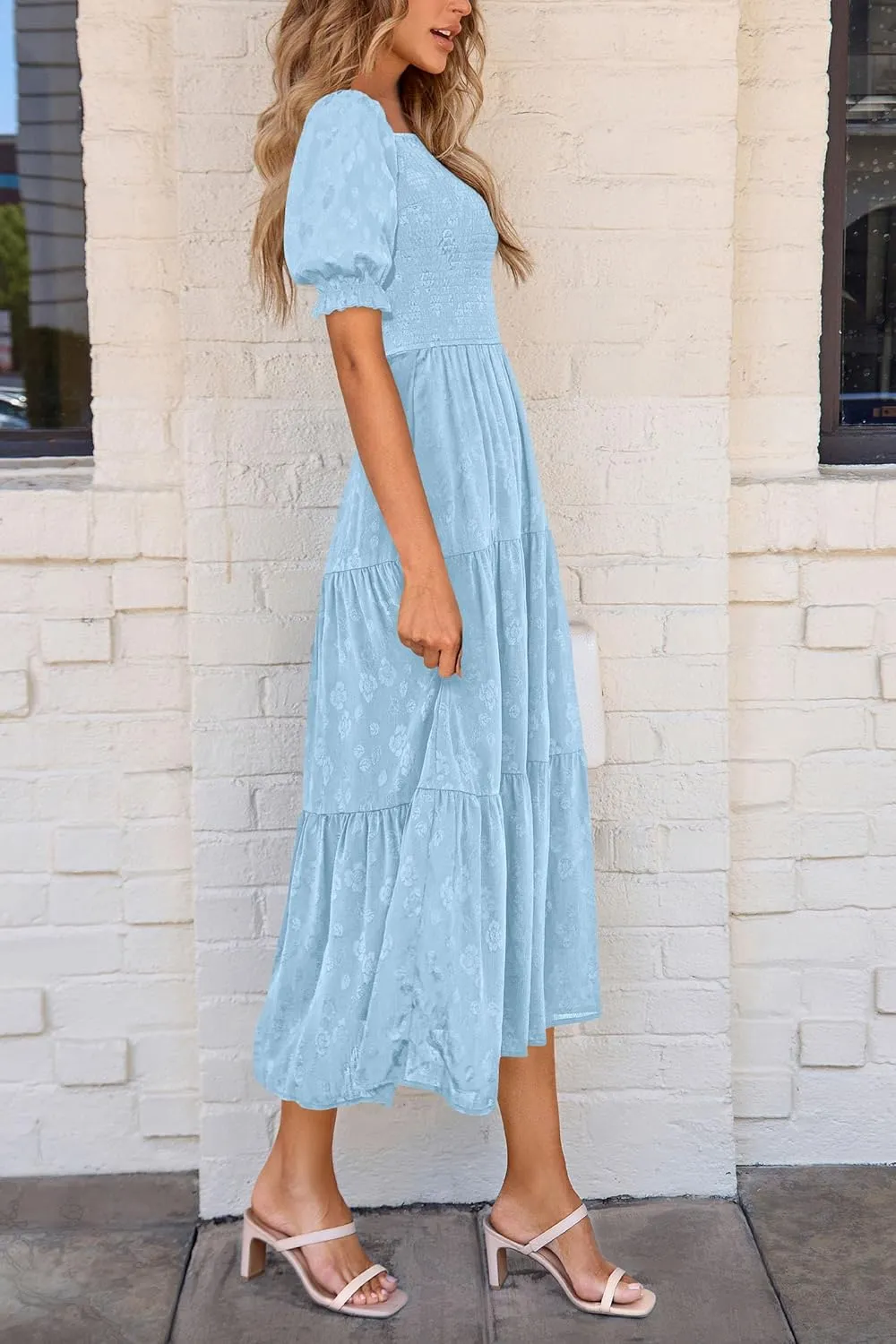 PRETTYGARDEN Women's 2025 Summer Casual Midi Dresses Square Neck Short Sleeve Smocked A Line Floral Flowy Elegant Boho Dress