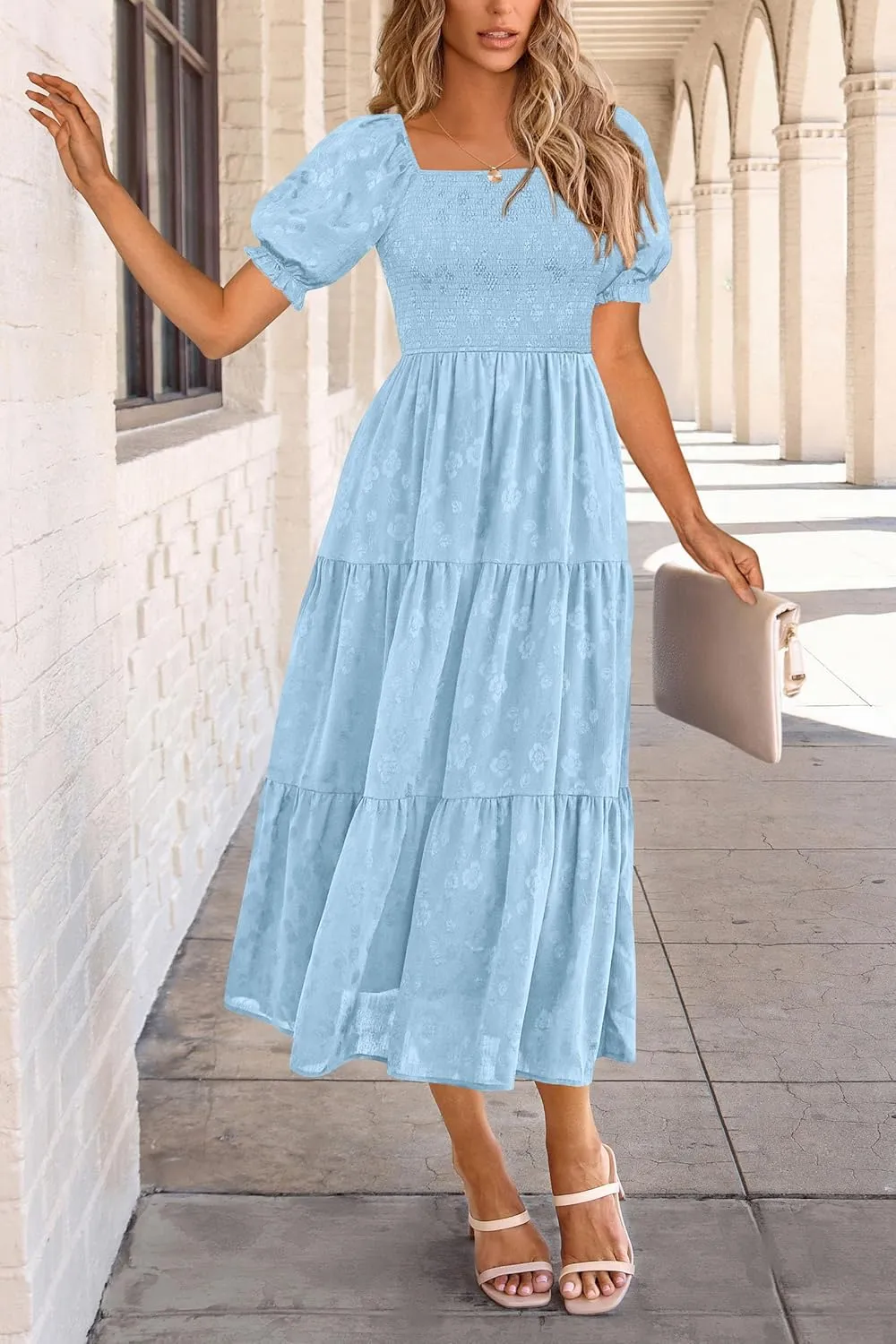 PRETTYGARDEN Women's 2025 Summer Casual Midi Dresses Square Neck Short Sleeve Smocked A Line Floral Flowy Elegant Boho Dress