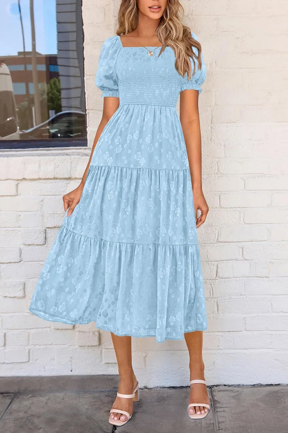 PRETTYGARDEN Women's 2025 Summer Casual Midi Dresses Square Neck Short Sleeve Smocked A Line Floral Flowy Elegant Boho Dress