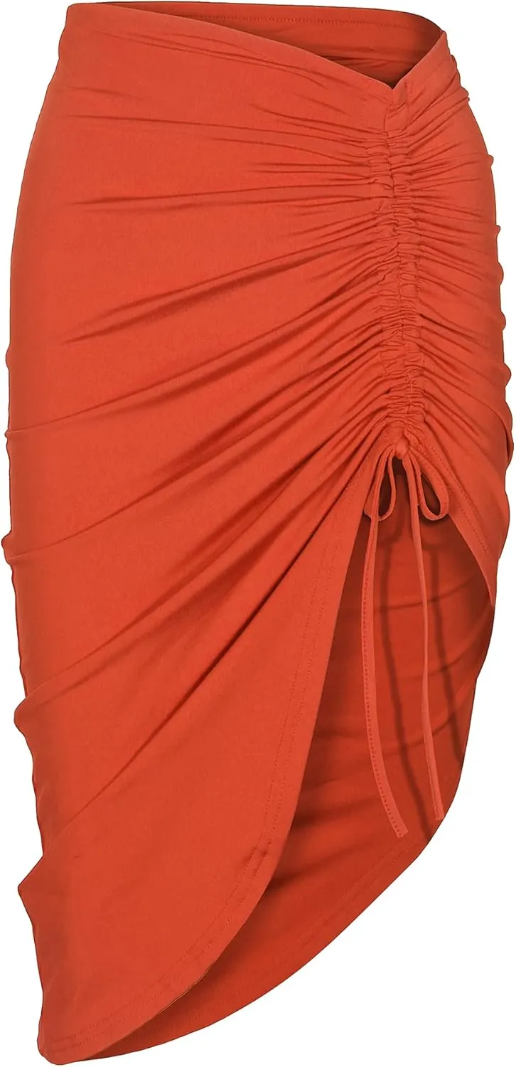 PRIMODA Women's Asymmetrical Bodycon Drawstring Ruched Midi Skirt with Thigh High Slit