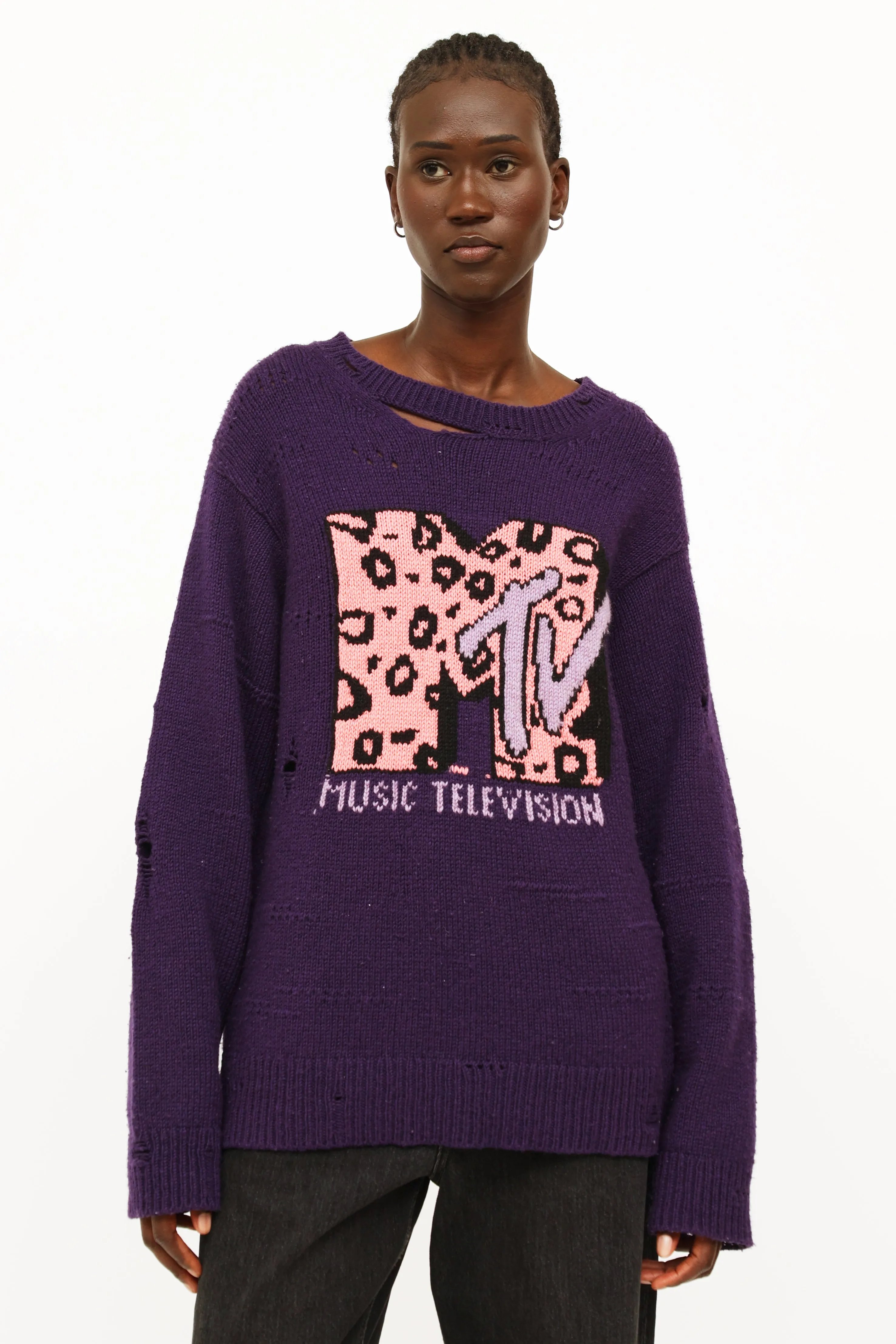Purple & Pink Distressed Knit Sweater