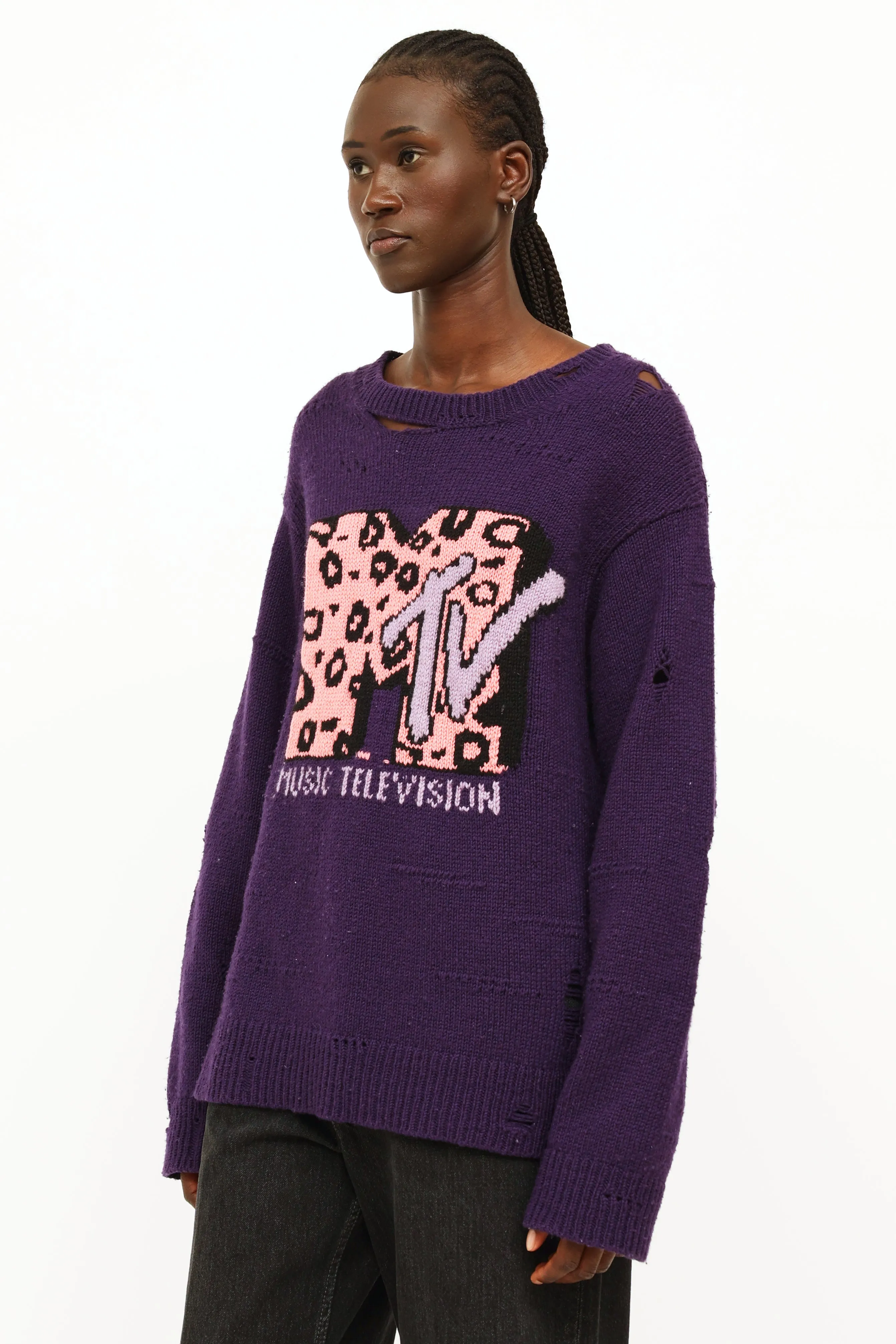 Purple & Pink Distressed Knit Sweater