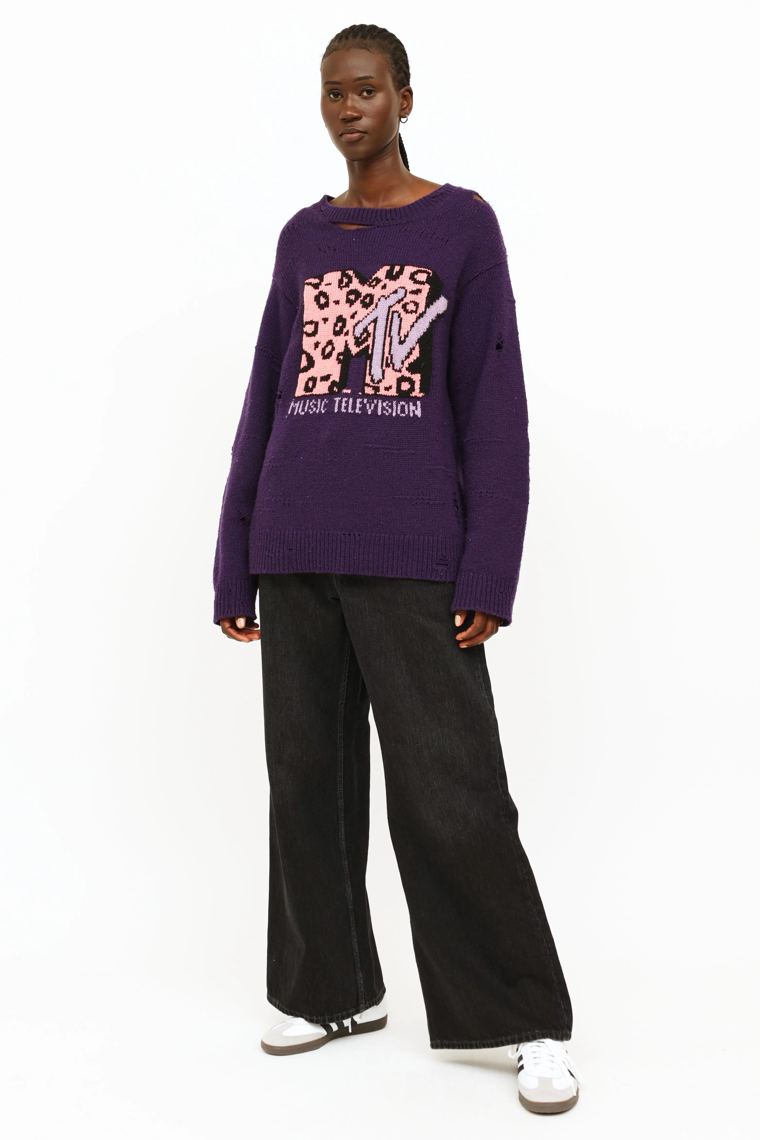 Purple & Pink Distressed Knit Sweater