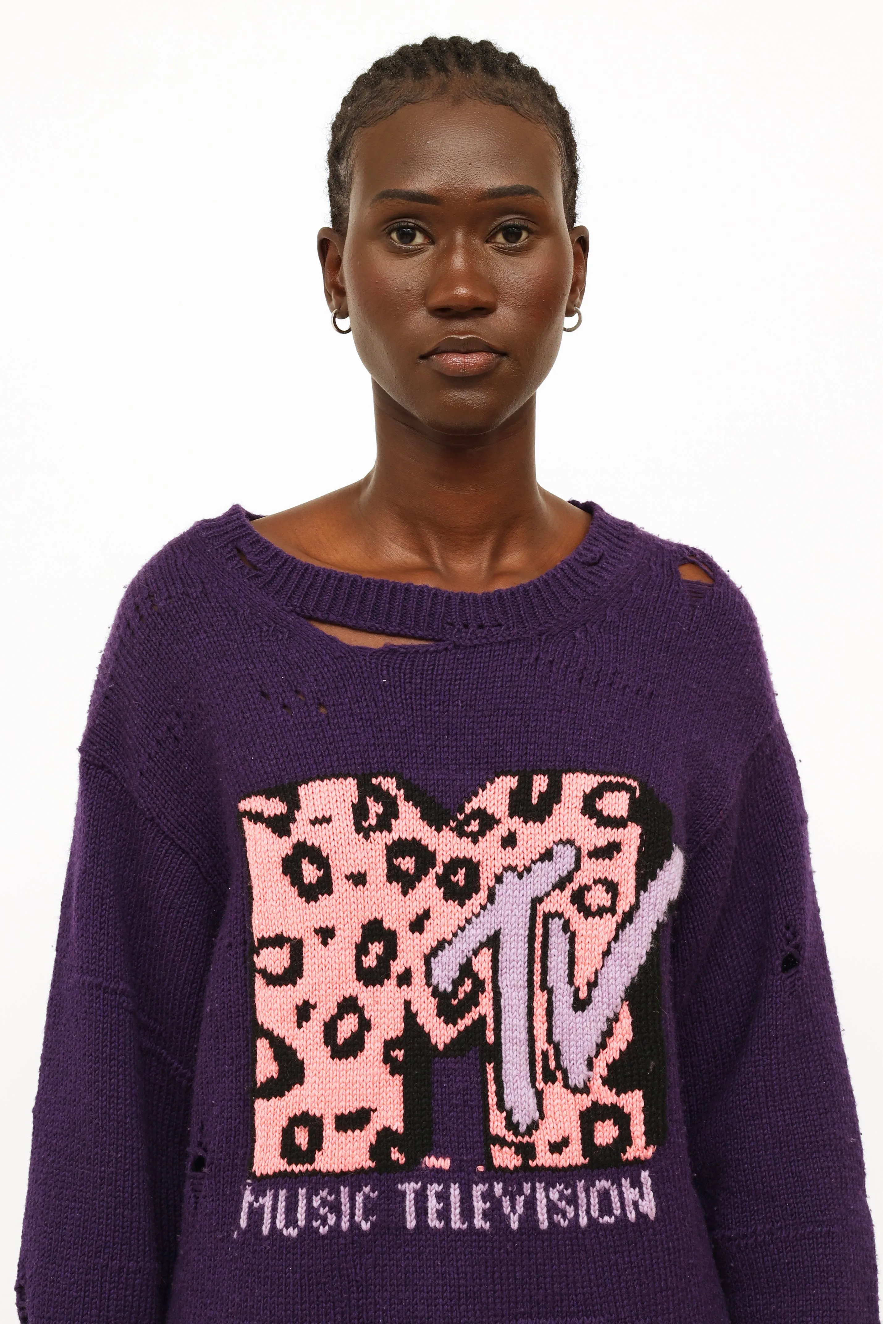 Purple & Pink Distressed Knit Sweater