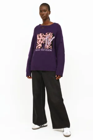 Purple & Pink Distressed Knit Sweater