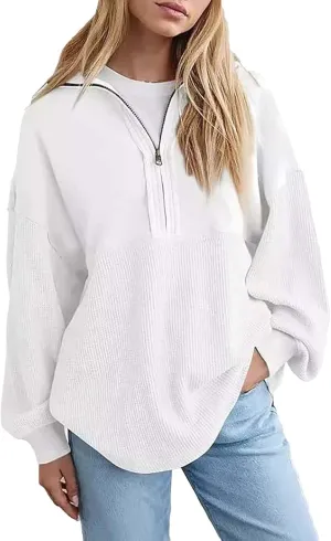 Quarter Zip Pullover Women Oversized Sweatshirt Fall Outfits for Women 2024 Knit Half Zip Pullover Loose Long Sleeve