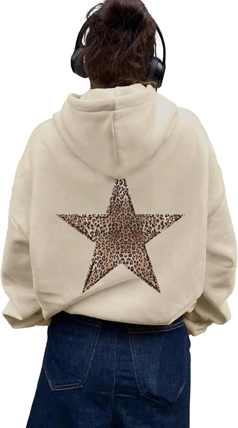 QYZ-Top Womens Cheetah Leopard Star Hoodie Graphic Print Fleece Y2k Oversized Hooded Sweatshirt