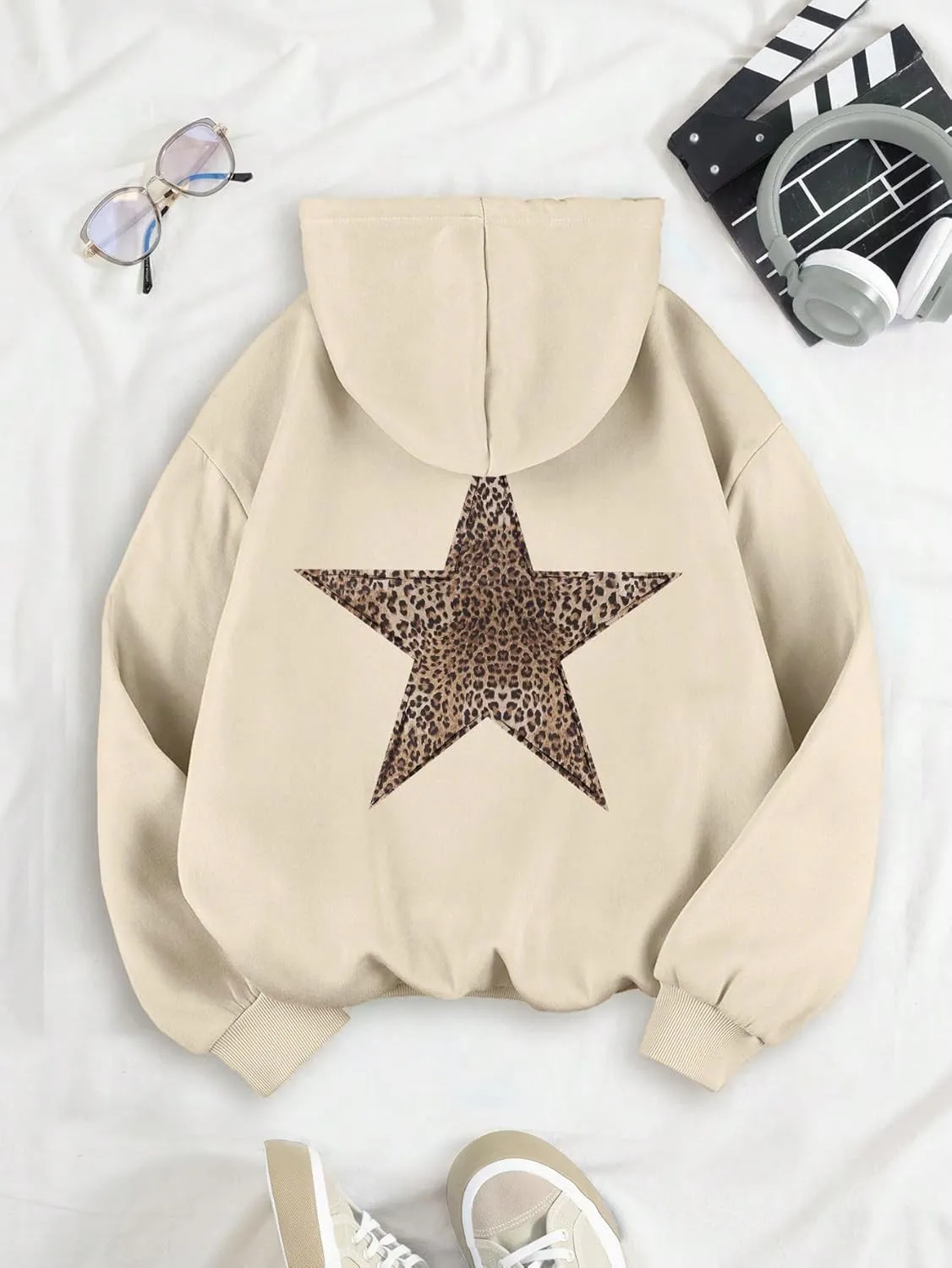 QYZ-Top Womens Cheetah Leopard Star Hoodie Graphic Print Fleece Y2k Oversized Hooded Sweatshirt