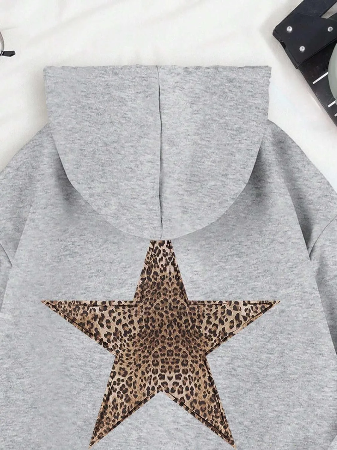 QYZ-Top Womens Cheetah Leopard Star Hoodie Graphic Print Fleece Y2k Oversized Hooded Sweatshirt