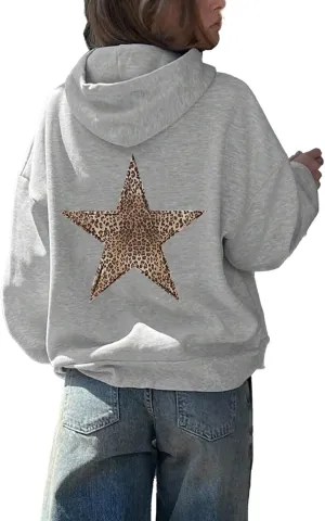 QYZ-Top Womens Cheetah Leopard Star Hoodie Graphic Print Fleece Y2k Oversized Hooded Sweatshirt