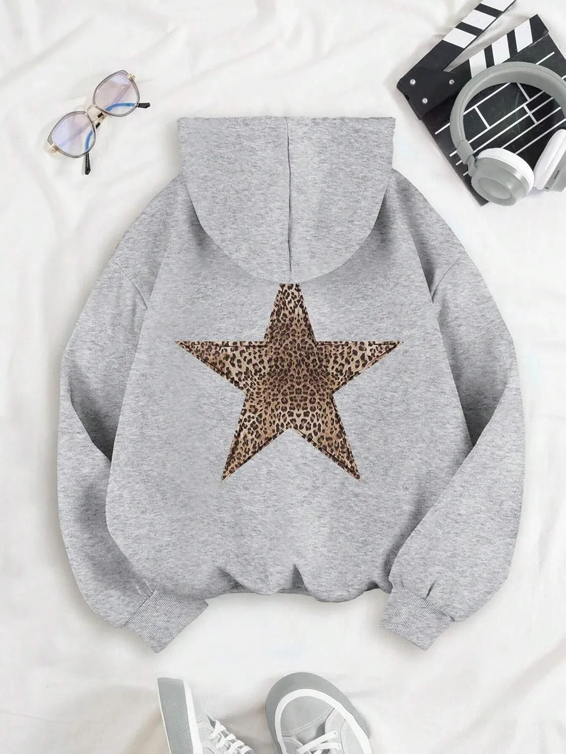 QYZ-Top Womens Cheetah Leopard Star Hoodie Graphic Print Fleece Y2k Oversized Hooded Sweatshirt