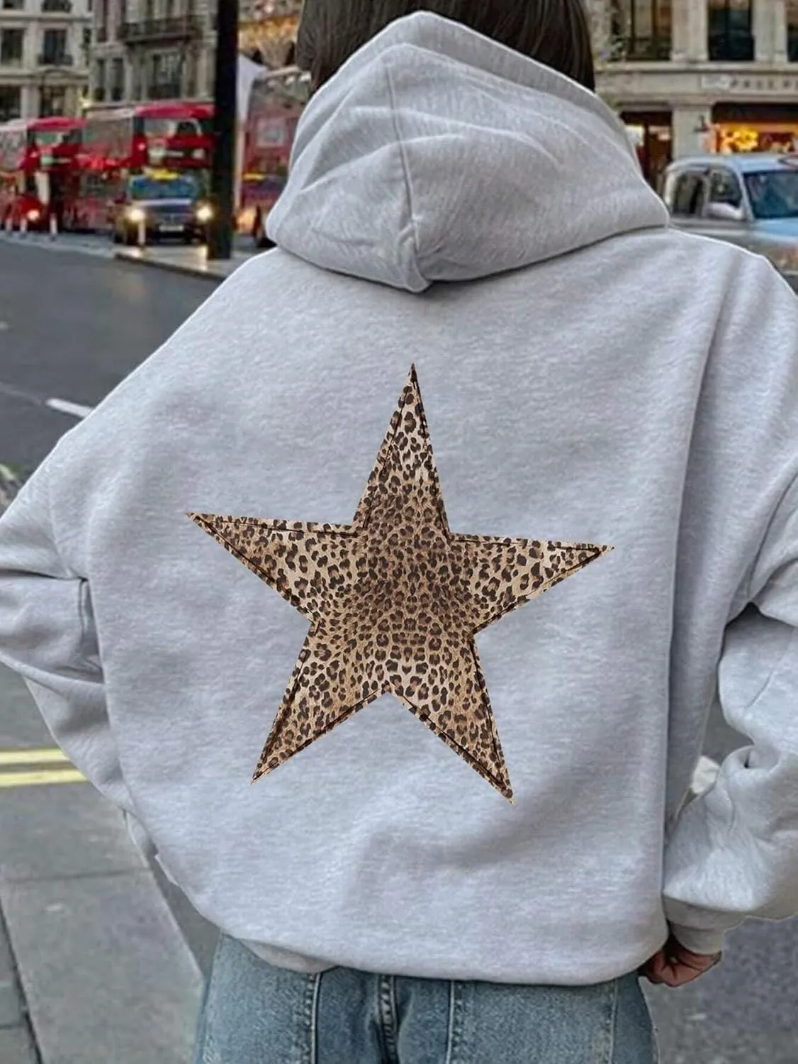 QYZ-Top Womens Cheetah Leopard Star Hoodie Graphic Print Fleece Y2k Oversized Hooded Sweatshirt