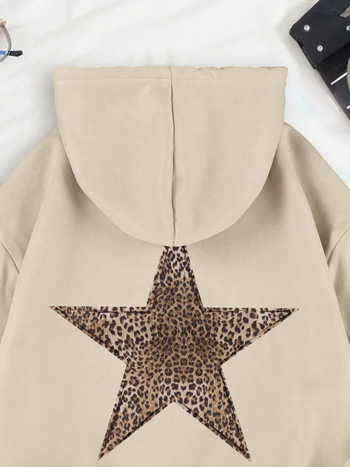 QYZ-Top Womens Cheetah Leopard Star Hoodie Graphic Print Fleece Y2k Oversized Hooded Sweatshirt