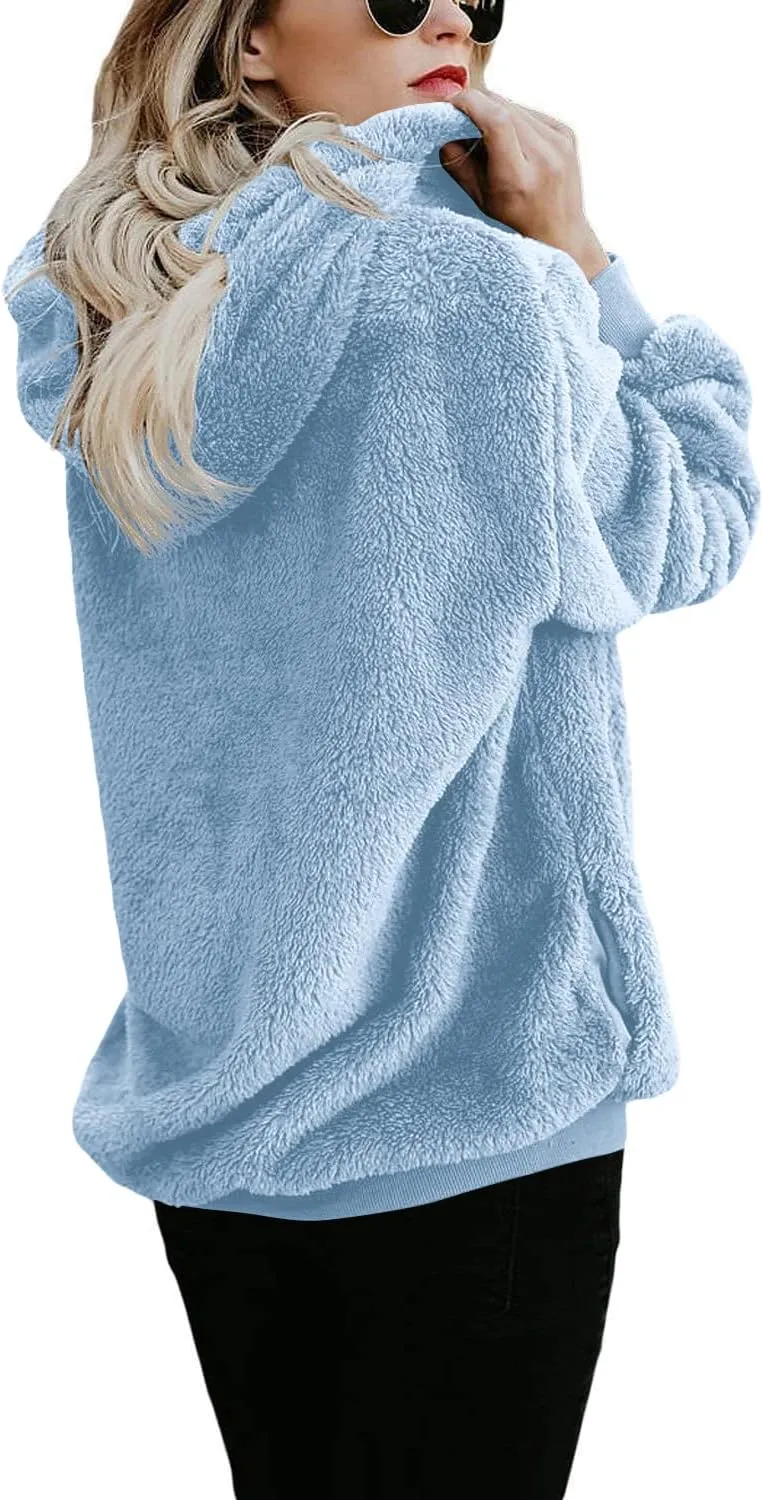 ReachMe Womens Oversized Sherpa Pullover Hoodie with Pockets Fuzzy Fleece Sweatshirt Plaid Fluffy Jacket Coat
