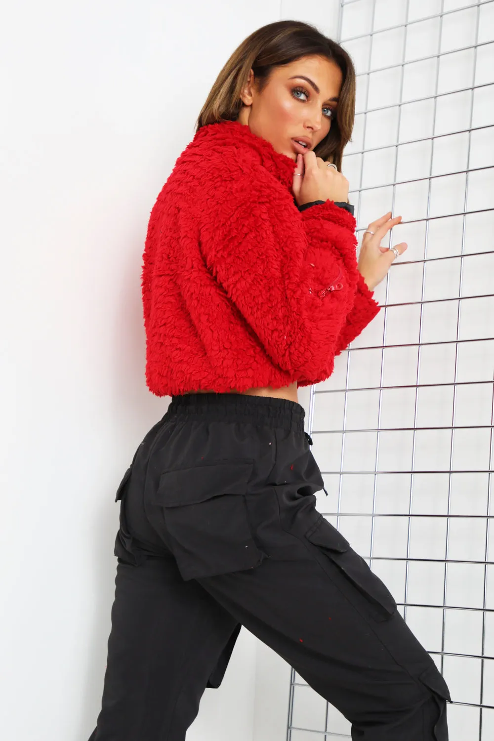 Red Teddy Faux Fur Zip Front Sweater