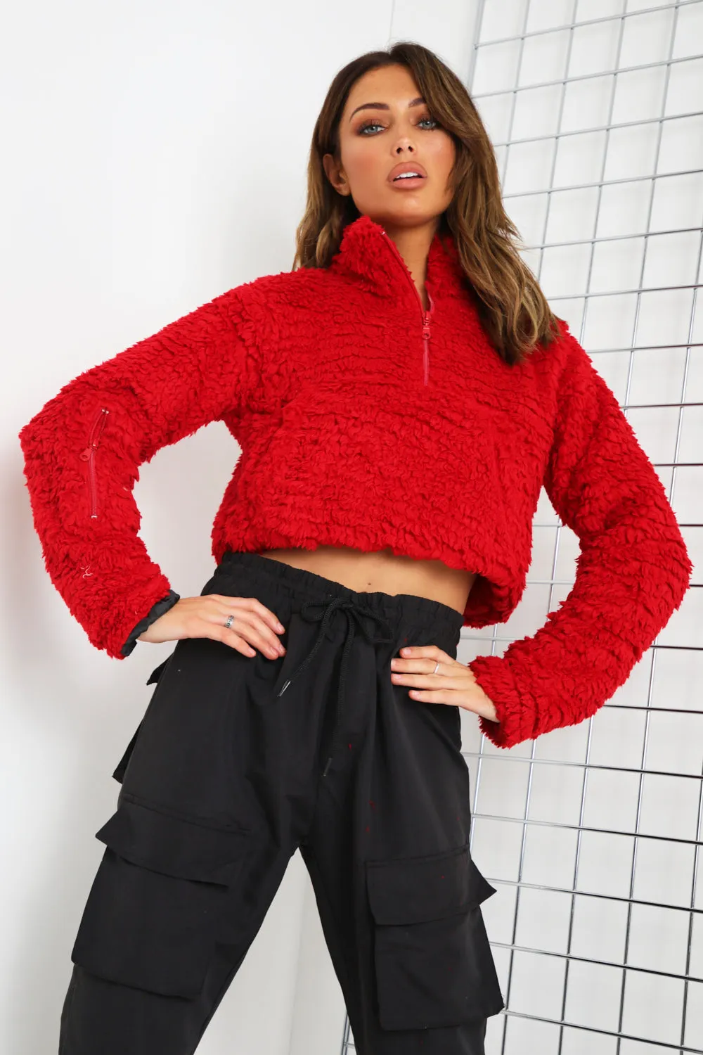Red Teddy Faux Fur Zip Front Sweater
