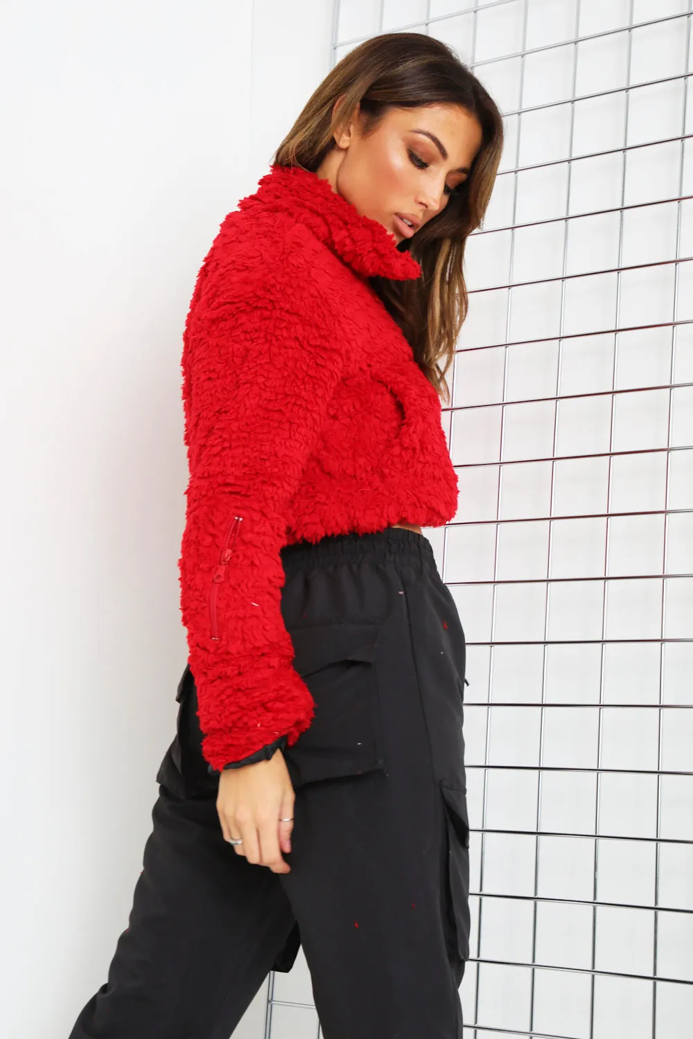Red Teddy Faux Fur Zip Front Sweater