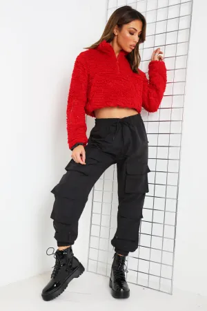 Red Teddy Faux Fur Zip Front Sweater