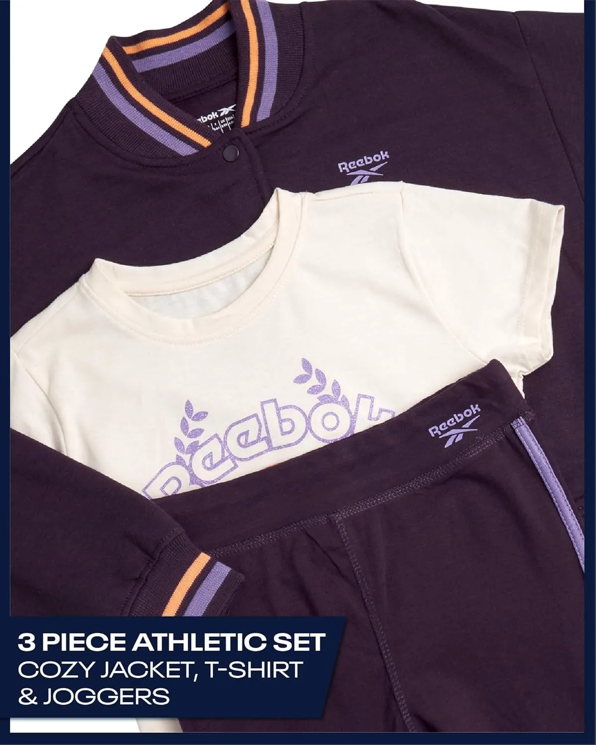 Reebok Girls' Activewear Set - 3 Piece Stylish Graphic T-Shirt, Fleece Pullover Hoodie, and Jogger Sweatpants (Size: 4-12)