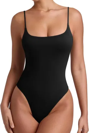 REORIA Women Sexy Cami Square Neck Thong Bodysuit Backless Spaghetti Strap Tank Top