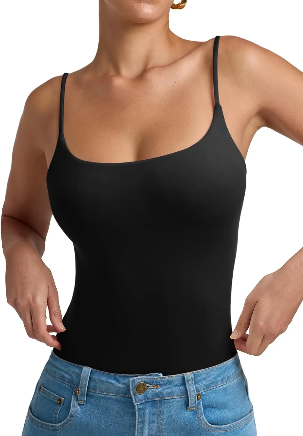 REORIA Women Sexy Cami Square Neck Thong Bodysuit Backless Spaghetti Strap Tank Top