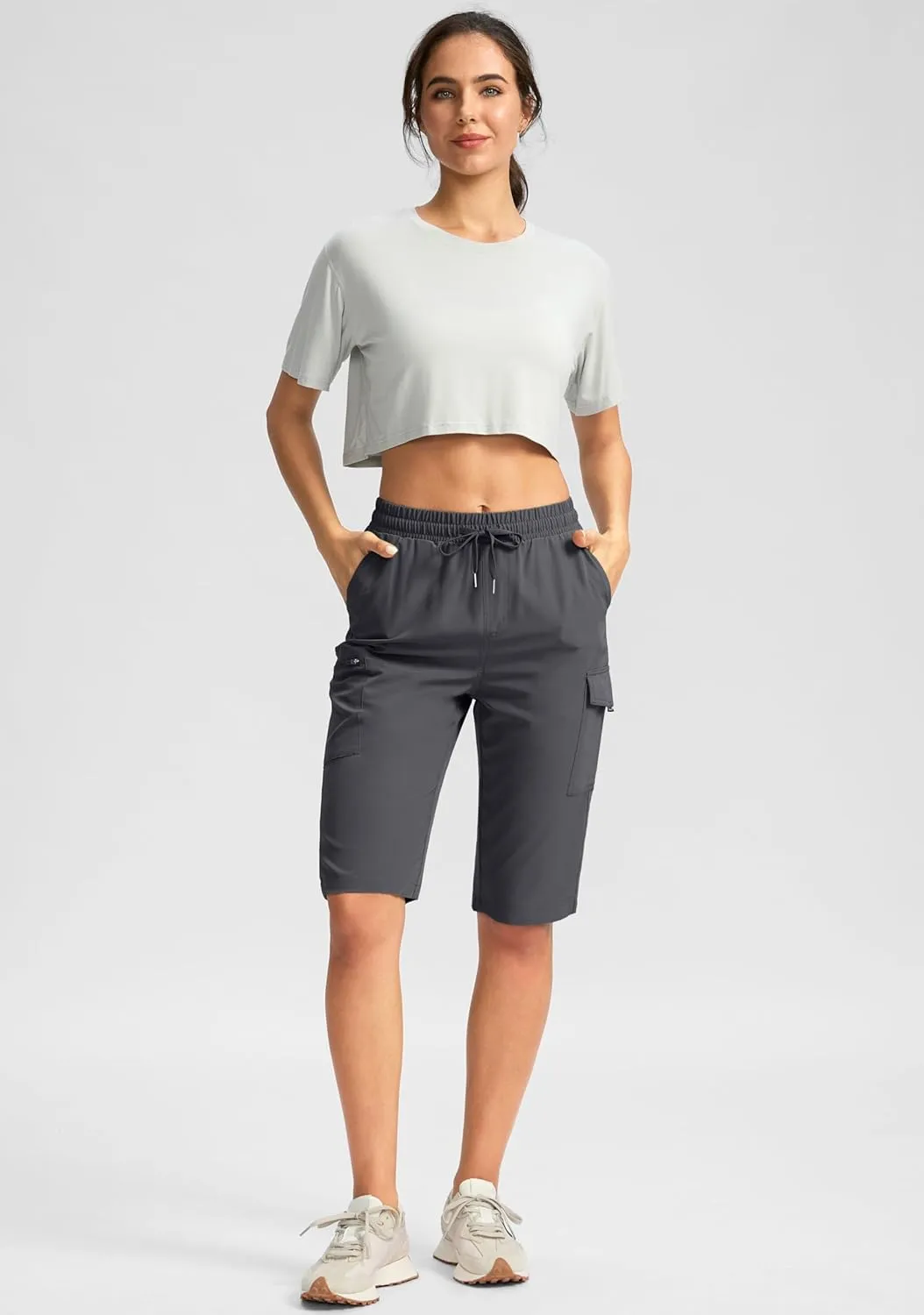 SANTINY Women's 13" Long Hiking Shorts Knee Length Quick Dry Cargo Bermuda Shorts for Women with Zipper Pockets