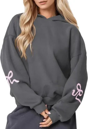 Sastianaen Cute Bow Hoodies for Women Y2k Oversized Embroidered Hoodies Vintage Pullover Sweatshirt Streetwear
