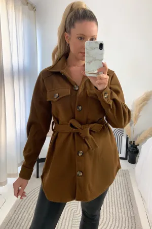 Saylar Brown Belted Oversized Cargo Shacket