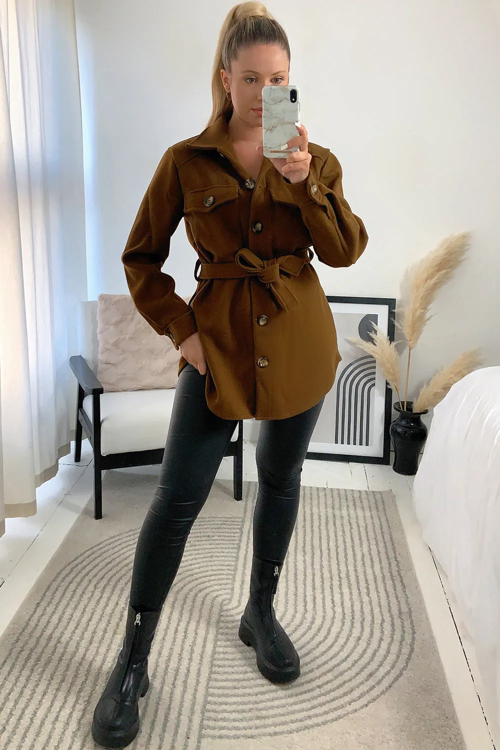 Saylar Brown Belted Oversized Cargo Shacket
